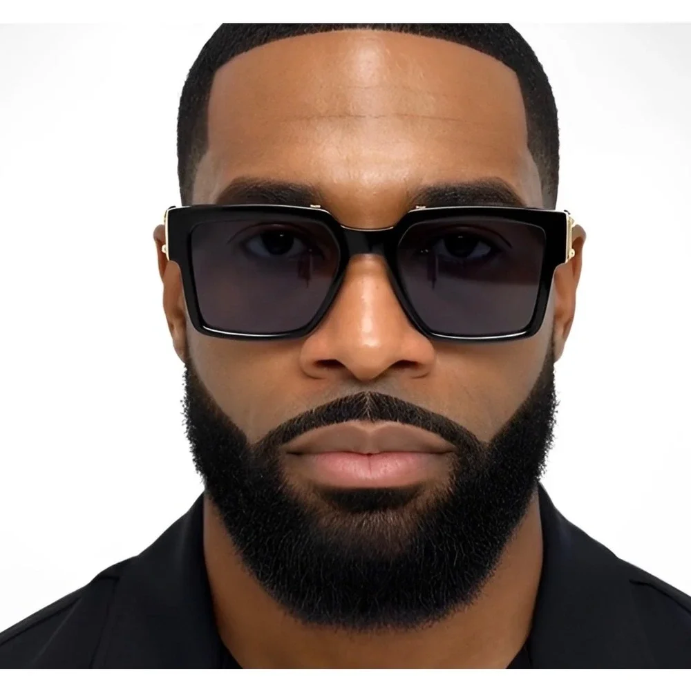 Mens Black Square Sunglasses Gold Hip Hop Bold Frame Dark Lens Streetwear Luxury